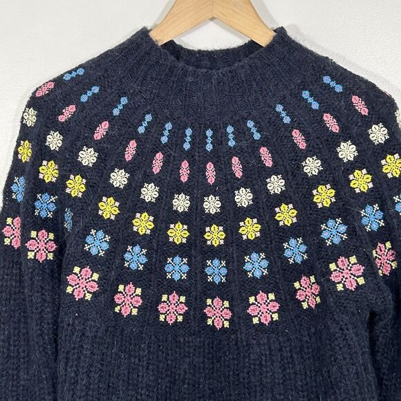 Boden Fluffy Embroidered Jumper Sweater Size 4 US Blue Knit Floral Mock Neck - Picture 3 of 10